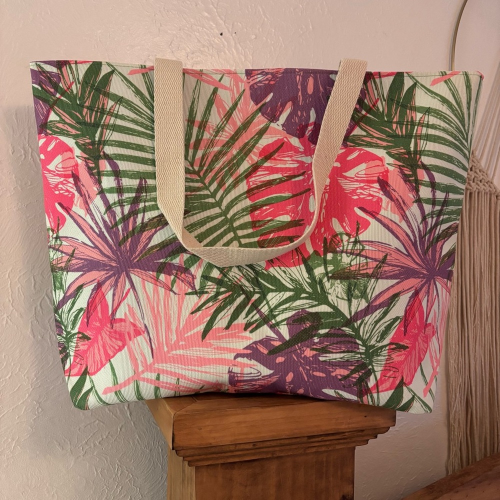 Styline Tropical Print Canvas Tote Bag with Pocket Inside
